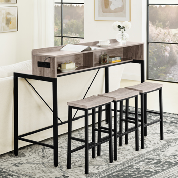 59 inch bar table, dining table, sofa table with power socket and LED light, 3 saddle stools, 4-piece bar table and chairs set for living room, dining room and kitchen