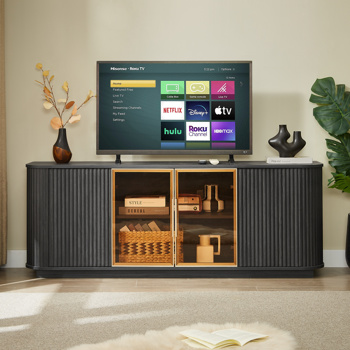 64-Inch Wavy TV Cabinet, Round Sideboard, Wooden Vertical Stripe Storage Cabinet, Aluminum Door Framed Tempered Glass Cabinet for Living Room/Bedroom/Entryway. Black,64\\'\\'W x 15\\'\\'D x 24\\'\\'H.