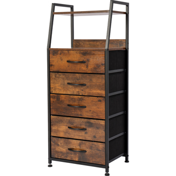 Night Stand with 5 Drawer and 2-Tier Display Shelf,Rustic Brown Dresser for Bedroom, Skinny Nightstand with Fabric Bins for Hallway, Closet, and Nursery, Durable Wood Top and Sturdy Steel Frame