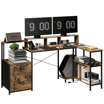  & <b style=\\'color:red\\'>LED</b> Lights, Storage Shelves and Monitor Stand Corner Desk RUSTIC BROWN