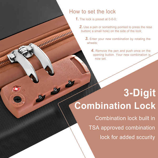 硬壳行李套装3件套带轮子的随身行李箱，TSA锁通用款-黑色-18