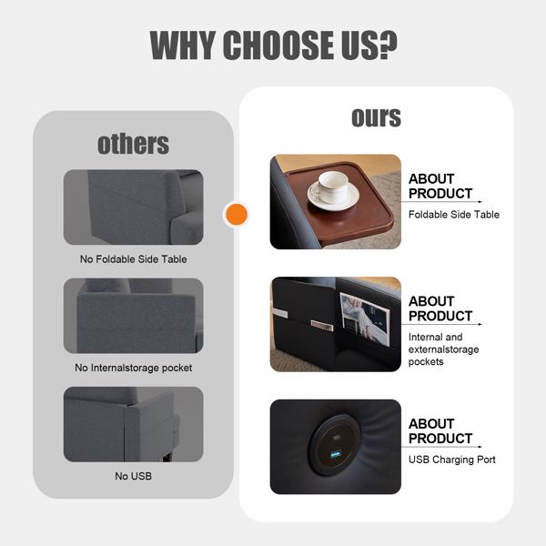 成人卧铺椅床、三合一可转换沙发椅床、拉出式沙发床、带USB和Type-C充电端口的方便折叠托盘桌，适用于客厅，黑色，皮革-6