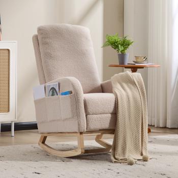 Modern Accent Rocking Chair Rocking Chair with Solid Wood Legs, Upholstered Nursery Glider Rocker, Comfy Armchair with Side Pocket, Living Room Lounge Arm Chair with High Backrest (Beige,teddy)