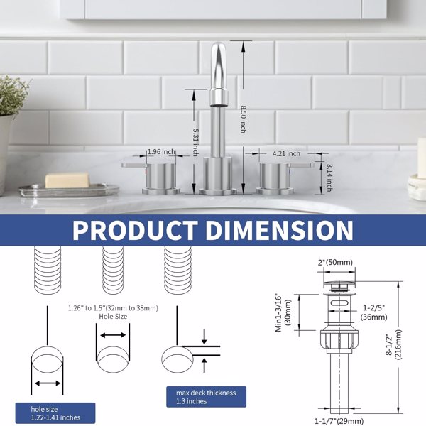 宽浴室水槽水龙头铬合金2手柄8英寸3孔360°旋转喷嘴洗手盆，带弹出式排水组件【周末不发货，TK/TEMU订单仅支持自提】-6