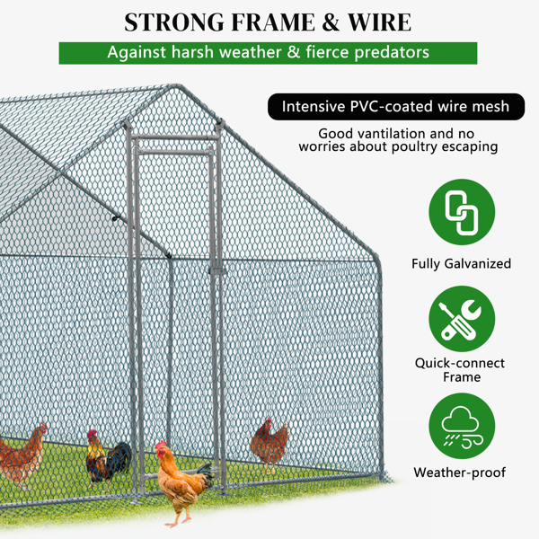 3*3*2m/9.8x9.8x6.5 ft 尖顶鸡舍 180gPE雨布 金属 铁鸡兔笼-12