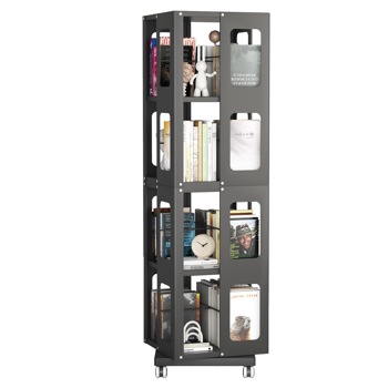 4-Tier All-Steel Rotating Bookshelf with 360° Wheels, Large Size Sturdy & Spacious Book Rack, New Style Black Bookshelf,Easy Assembly
