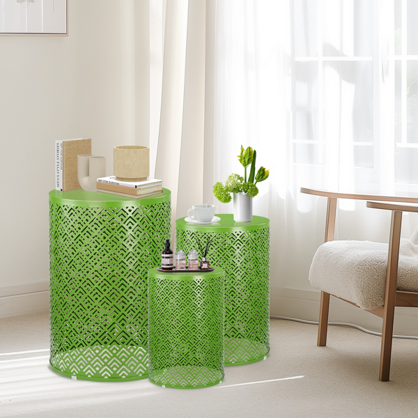 3pcs  回字花纹  桶形 绿色 15.7/13.7/11.8inch 庭院堆叠铁边桌-2