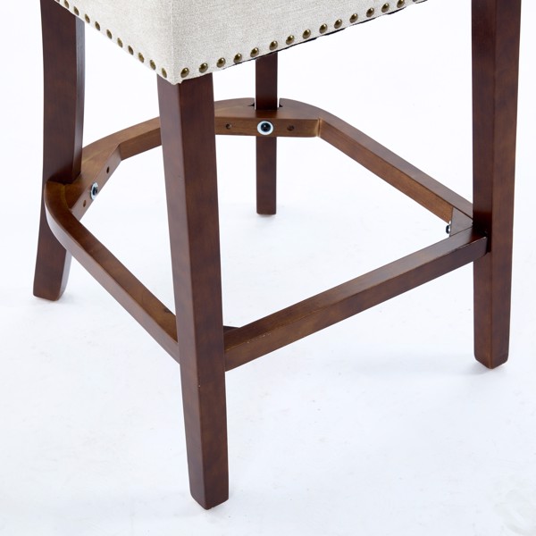 中世纪现代吧台高脚凳 2 件套，农舍亚麻布软垫装饰椅，弧形靠背，周围镶有铜钉，厨房椅子，硬木框架，米色-16