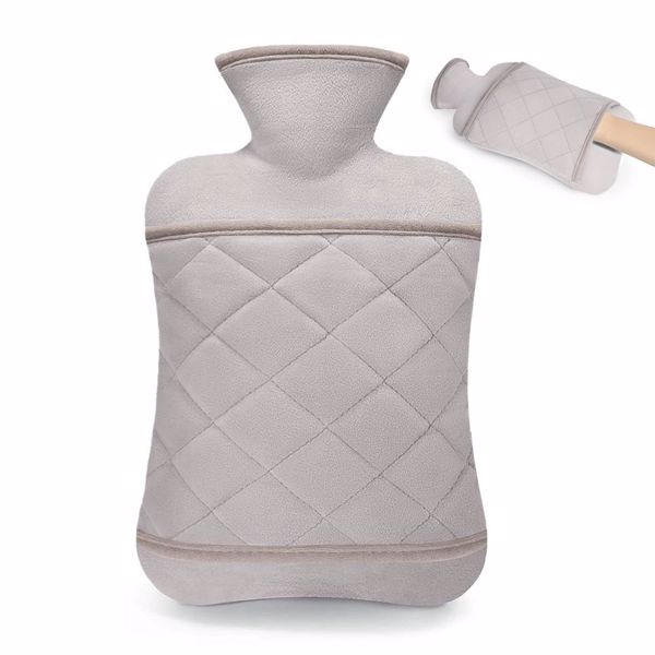 热水袋 加热神器注水PVC热水袋 毛绒暖手袋 背部颈部肩部暖宝宝 双插手灰色菱格布套+热水袋【2000ML】-2