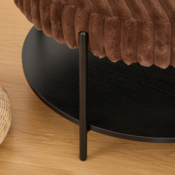 30.9 英寸宽软垫圆形脚凳咖啡桌脚凳，带黑色金属腿，带木质开放式储物架，人造毛皮脚凳，适用于客厅、卧室、入口酒店。棕色-9