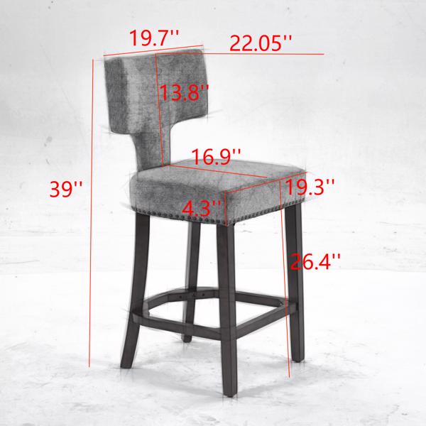 中世纪现代吧台高脚凳 2 件套，农舍亚麻布软垫装饰椅，弧形靠背，周围镶有铜钉，厨房椅子，硬木框架，米色-18