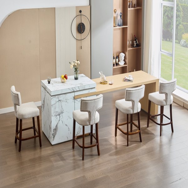 中世纪现代吧台高脚凳 2 件套，农舍亚麻布软垫装饰椅，弧形靠背，周围镶有铜钉，厨房椅子，硬木框架，米色-11