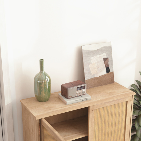 中世纪现代储物柜，配有编织藤条门和可调节搁板 - 非常适合客厅和餐厅-6