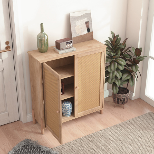 中世纪现代储物柜，配有编织藤条门和可调节搁板 - 非常适合客厅和餐厅-13