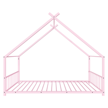 Pink Flat Bed House Shape with Side Guardrails Twin Children\\'s Iron Bed
