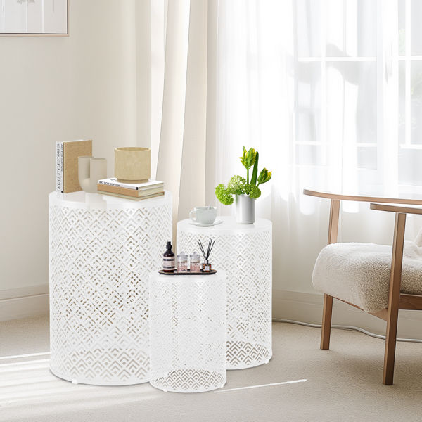 3pcs  回字花纹  桶形 白色 15.7/13.7/11.8inch 庭院堆叠铁边桌-2
