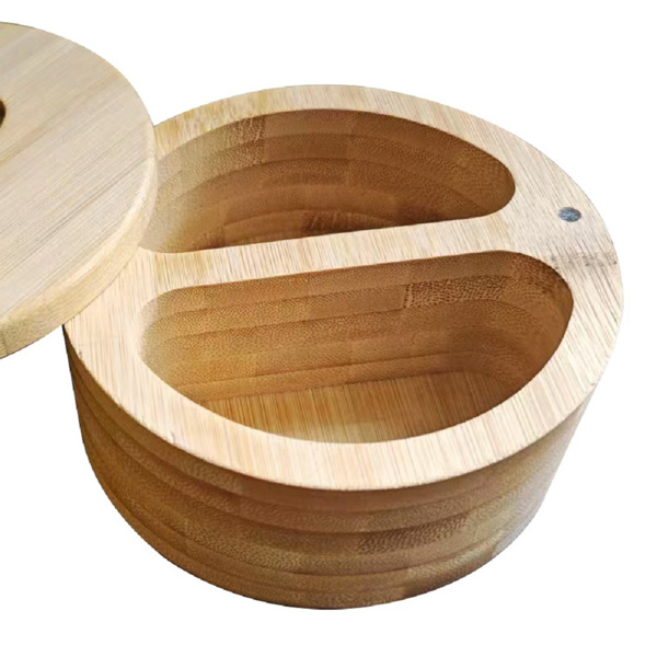 圆形竹制调料盒 双格带勺盐罐12*6cm-3