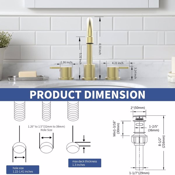 宽浴室洗手盆水龙头拉丝金2把手8英寸3孔360°旋转喷嘴洗手盆，带弹出式排水组件【周末不发货，TK/TEMU订单仅支持自提】-6