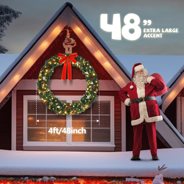 48in 绿色 蝴蝶结装饰花环 PVC 150灯 450枝头 圣诞PVC花环 美规-5