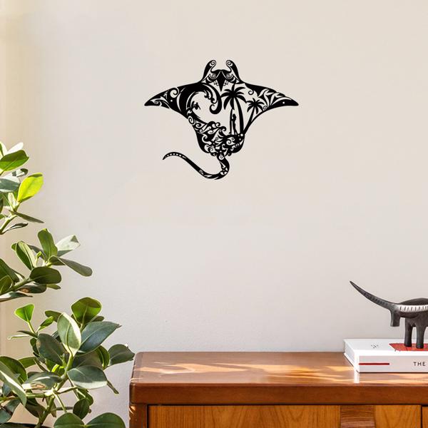 海洋金属蝠鲼射线墙艺术-海滩风格的点缀。冲浪板，波浪图案，海星和棕榈树剪影。非常适合居住区域（TikTok、temu下自提）-21