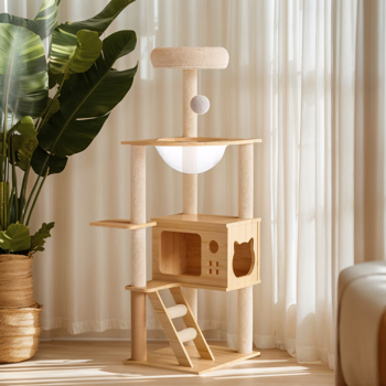48.8\\" Modern Cat Tower, Wood Cat Tree Tower for Indoor Cats, Cat Treewith Sisal-Covered Scratching Posts and Top Perch, Cat Condo with Acrylic Hammock for Small Large Cats 