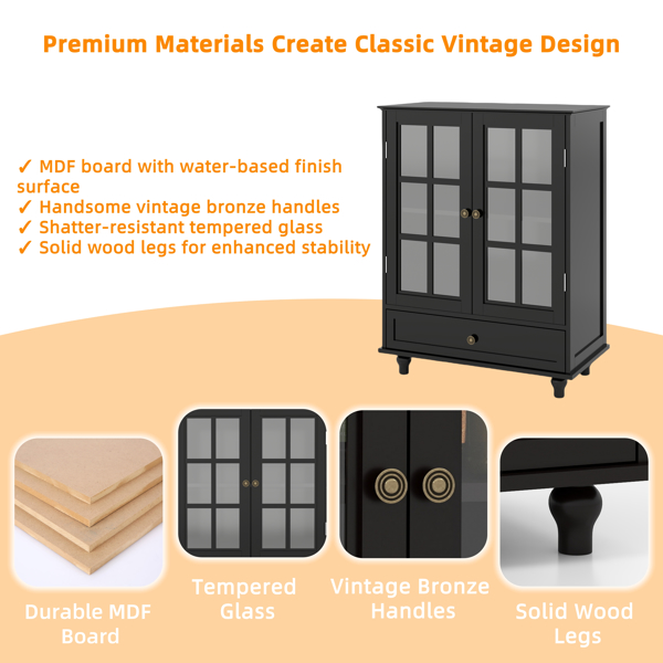 简约黑色餐柜，带双玻璃门和抽屉，现代木质储物餐柜，适用于客厅、餐厅走廊入口（黑色）-20