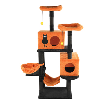 61\\" Halloween Cat Tree, Large Cat Tower with 2 Spacious Cat Condos, 2 Padded Perches, 2 Hammocks, Scratching Posts, Hanging Toy, Multi-Level Cat Activities Furniture for Large Cats, Orange & Black