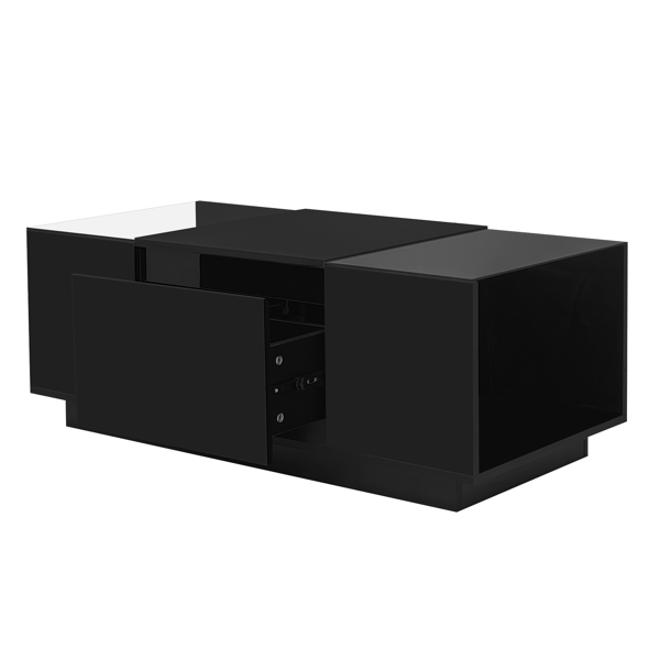 咖啡桌，现代风格中央桌，高光饰面，玻璃桌面，带开放式储物格和 2 个隐藏抽屉，适合客厅-5