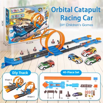 DIY Catapult Race Racing Car Loop Track Toy Set with Mini Metal Cars Ramp Gifts for Kids Toddlers Boys 3-5 Year Old,Indoor Game Toy, Dual Orbit