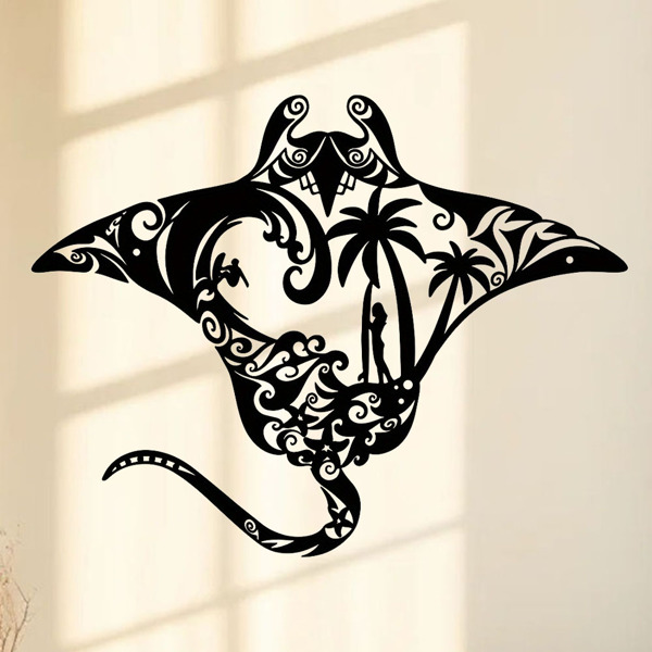 海洋金属蝠鲼射线墙艺术-海滩风格的点缀。冲浪板，波浪图案，海星和棕榈树剪影。非常适合居住区域（TikTok、temu下自提）-6