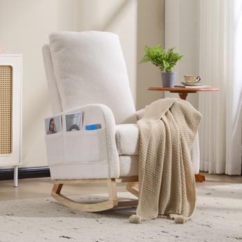 Modern Accent Rocking Chair Rocking Chair with Solid Wood Legs, Upholstered Nursery Glider Rocker, Comfy Armchair with Side Pocket, Living Room Lounge Arm Chair with High Backrest (White,teddy)