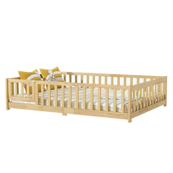 Twin Size Floor Bed with Fence and Door,Rubber Wood Floor Bed with Safety Guardrails,Natural