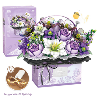 1212 PCS Block Rose Flowers DIY Bouquet Building Set with Handheld Box & Light for Kids Girlfriend Mom Birthdays Decorative Purple Color Gift Box LED Light Strip