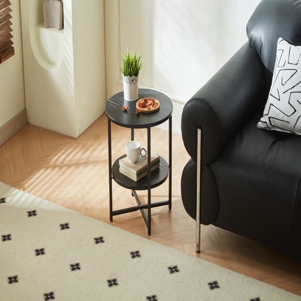 小圆边桌，2 层农舍边桌，小空间装饰桌，卧室客厅床头柜，带储物架的咖啡桌，黑色-5
