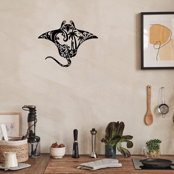 海洋金属蝠鲼射线墙艺术-海滩风格的点缀。冲浪板，波浪图案，海星和棕榈树剪影。非常适合居住区域（TikTok、temu下自提）-17