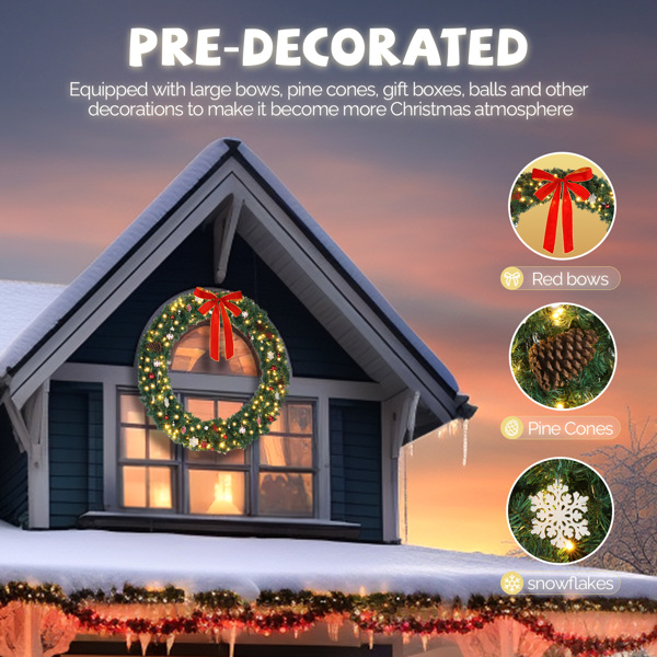 48in 绿色 蝴蝶结装饰花环 PVC 150灯 450枝头 圣诞PVC花环 美规-7