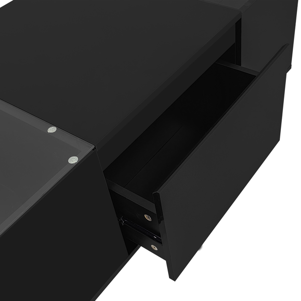 咖啡桌，现代风格中央桌，高光饰面，玻璃桌面，带开放式储物格和 2 个隐藏抽屉，适合客厅-7