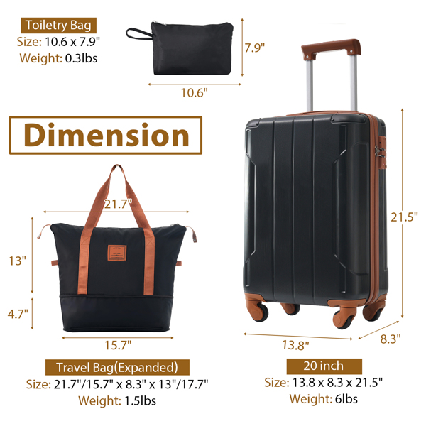 硬壳行李套装3件套带轮子的随身行李箱，TSA锁通用款-黑色-3