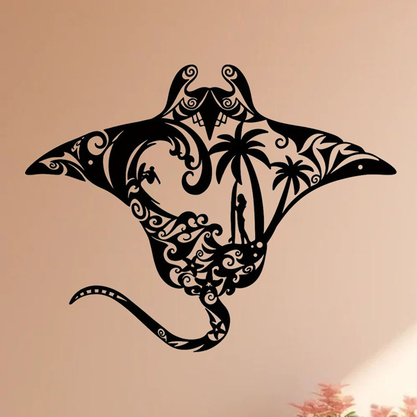 海洋金属蝠鲼射线墙艺术-海滩风格的点缀。冲浪板，波浪图案，海星和棕榈树剪影。非常适合居住区域（TikTok、temu下自提）-3