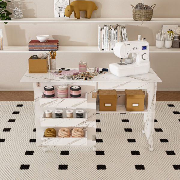 四合一折叠缝纫桌，带可锁定轮子 - 多功能工艺台、边桌、电脑桌和厨房储物架，白色滚动缝纫机桌，适合公寓使用-3