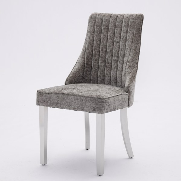 人造丝布植绒雪尼尔餐椅，通道式厨房晚餐椅，舒适的布艺软垫餐椅，适用于餐厅，带银色拉丝不锈钢腿，2 件套（灰色），SW1747GY-18