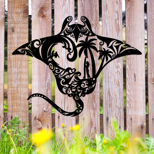 海洋金属蝠鲼射线墙艺术-海滩风格的点缀。冲浪板，波浪图案，海星和棕榈树剪影。非常适合居住区域（TikTok、temu下自提）-15