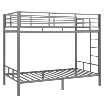 Grey Twin Bunk Bed Square Tube High Guardrail Side Ladder Opening Iron Bed