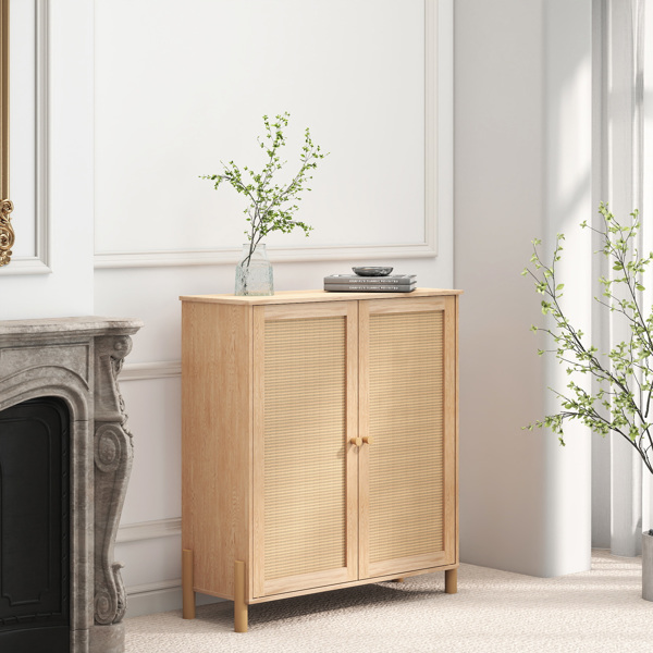 中世纪现代储物柜，配有编织藤条门和可调节搁板 - 非常适合客厅和餐厅-8