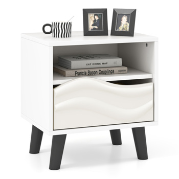 White bedside table with drawers and open shelves