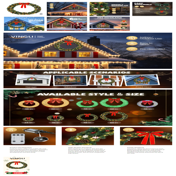 60in 绿色 蝴蝶结装饰花环 PVC 220灯 600枝头 圣诞PVC花环 美规-4