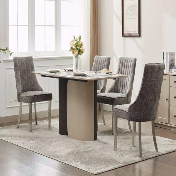 人造丝布植绒雪尼尔餐椅，通道式厨房晚餐椅，舒适的布艺软垫餐椅，适用于餐厅，带银色拉丝不锈钢腿，2 件套（灰色），SW1747GY-1