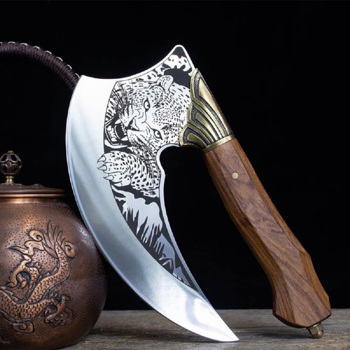 9-inch Pizza Cutter Axe with Leather Cover Viking Style Butcher Cleaver Knife,Mincing Meat Vegetable Rocking Knife 