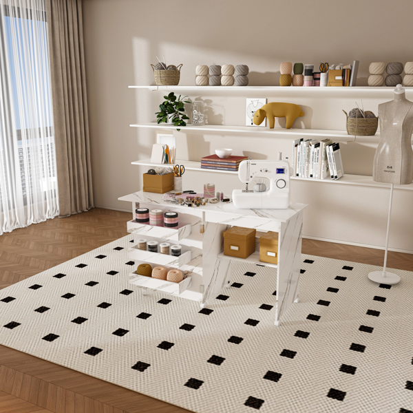 四合一折叠缝纫桌，带可锁定轮子 - 多功能工艺台、边桌、电脑桌和厨房储物架，白色滚动缝纫机桌，适合公寓使用-16