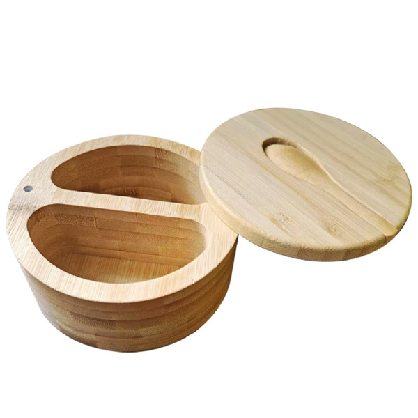 圆形竹制调料盒 双格带勺盐罐12*6cm-6